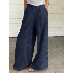 Women Cotton Solid Color Button Side Pocket Elastic Waist Wide Leg Pants