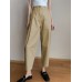 Women Solid Color Pleated Cotton Casual Cropped Pants With Pocket