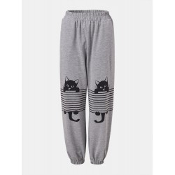 Women Stripe Cartoon Cat Print Elastic Waist Jogger Pants